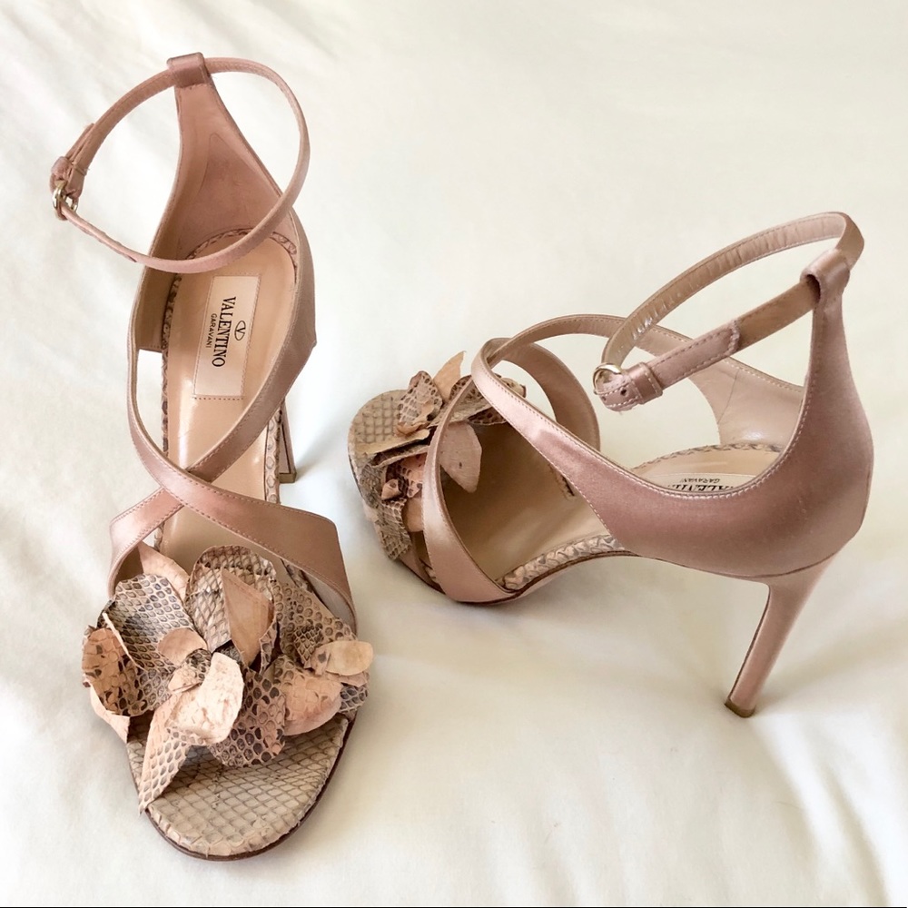 Valentino Garavani Snakeskin Flower Satin Heels